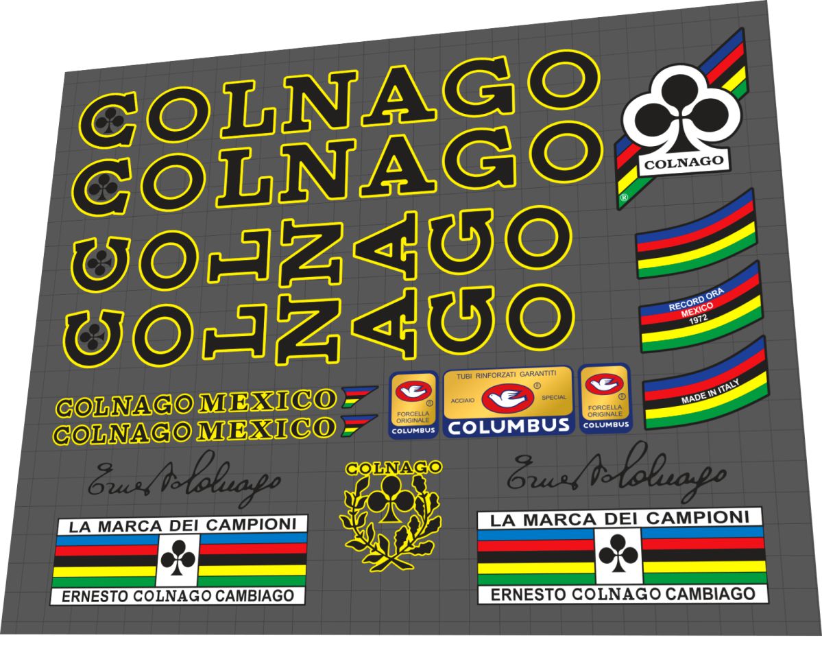 1970s Colnago Mexico Black Yellow Outline Frame Decal Set